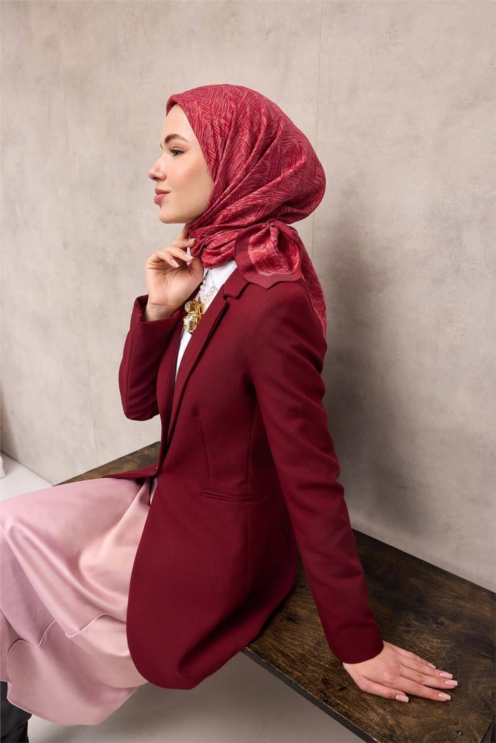 Viskon Velora Eşarp Bordo Labirent Desenli Tok Duruşlu Kaymaz 90x90