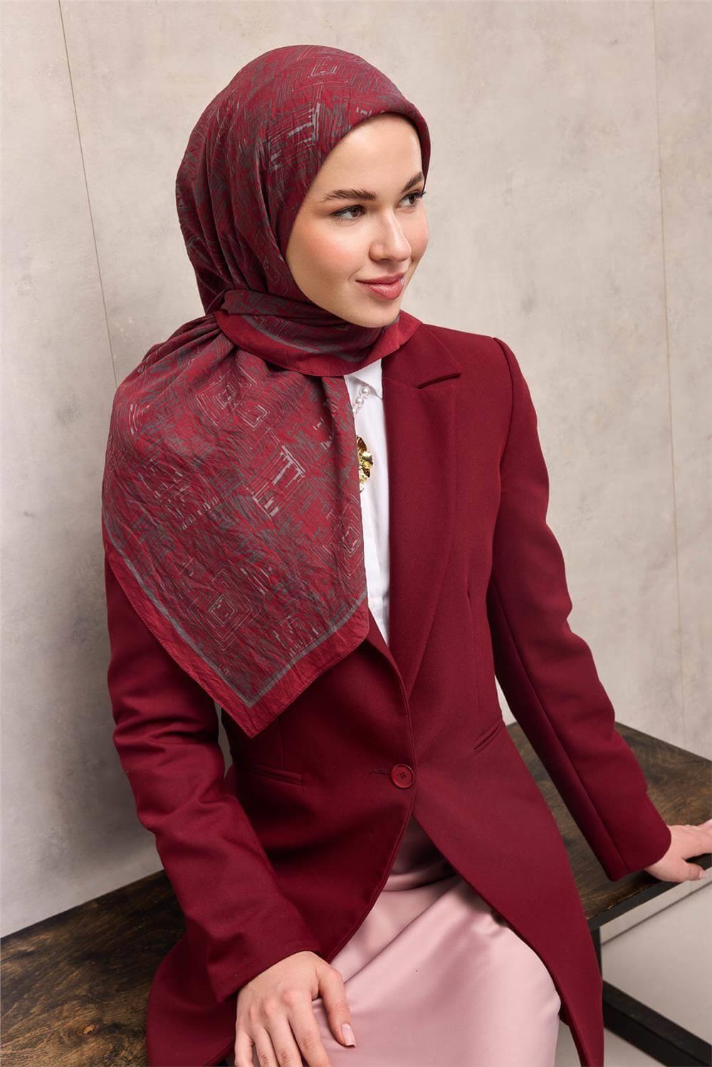 Viskon Velora Eşarp Vişne Labirent Desenli Tok Duruşlu Kaymaz 90x90