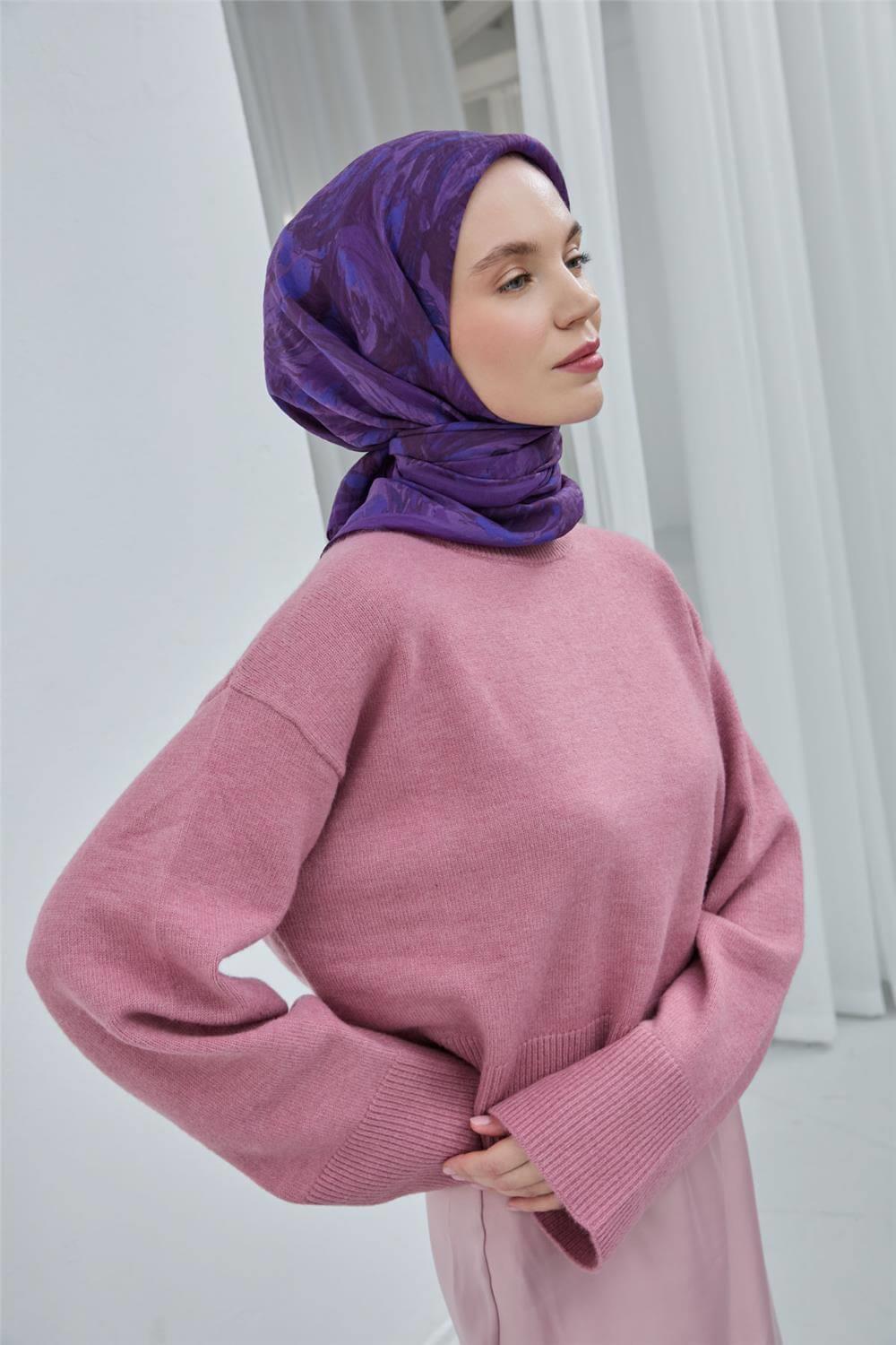 Viskon Velora Eşarp Erguvan Mor Desenli Yumuşak Dokulu Tok Duruşlu 90x90