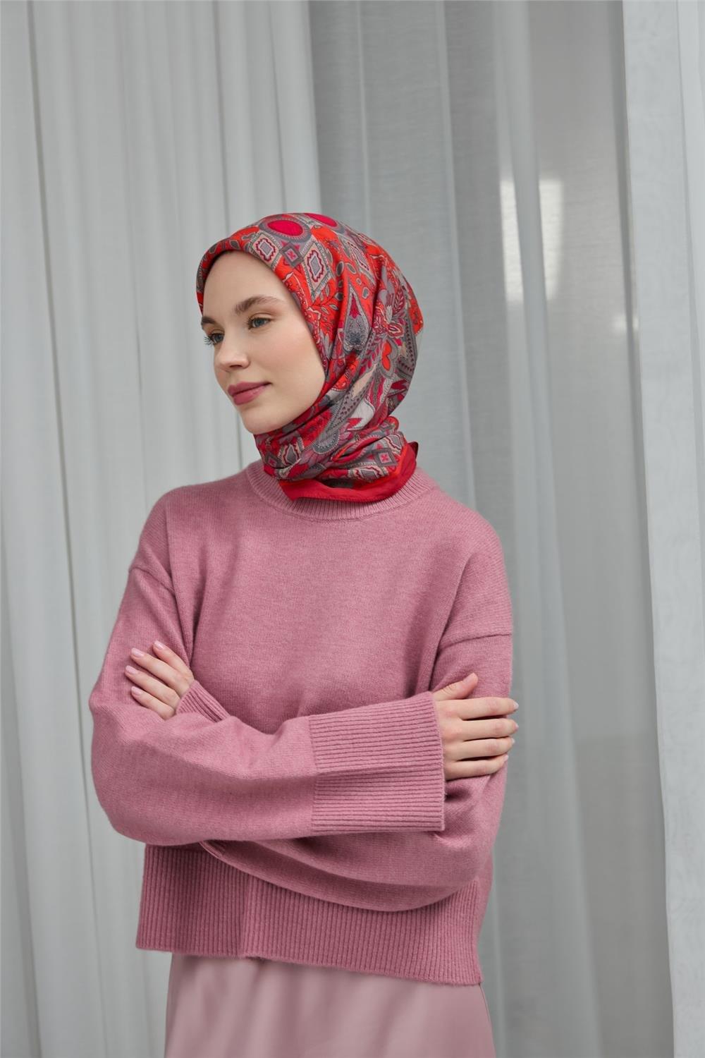 Viskon Velora Eşarp Kırmızı Desenli Tok Duruşlu Dört Mevsim 90x90