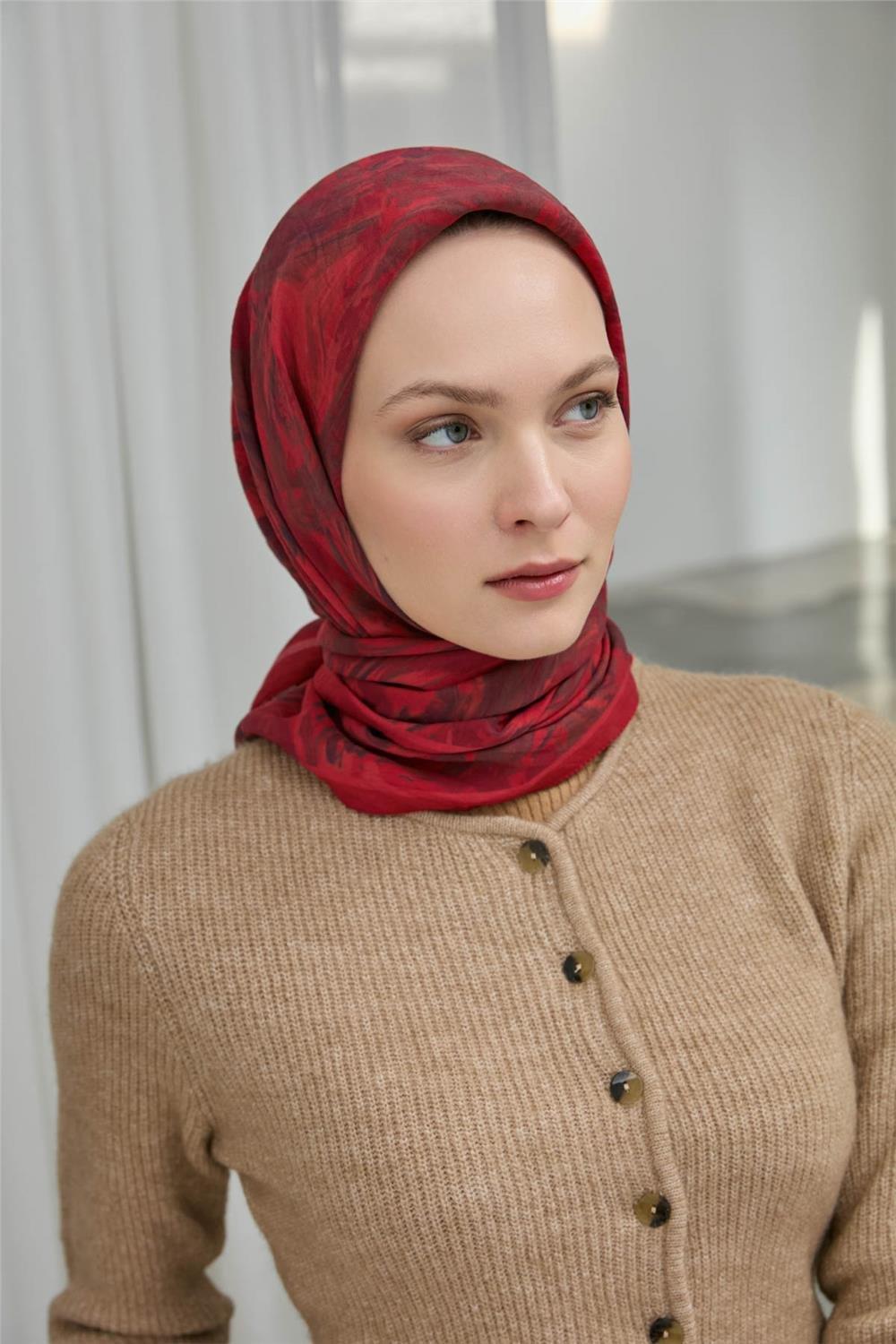 Viskon Velora Eşarp Kırmızı Bordo Desenli Yumuşak Dokulu 90x90