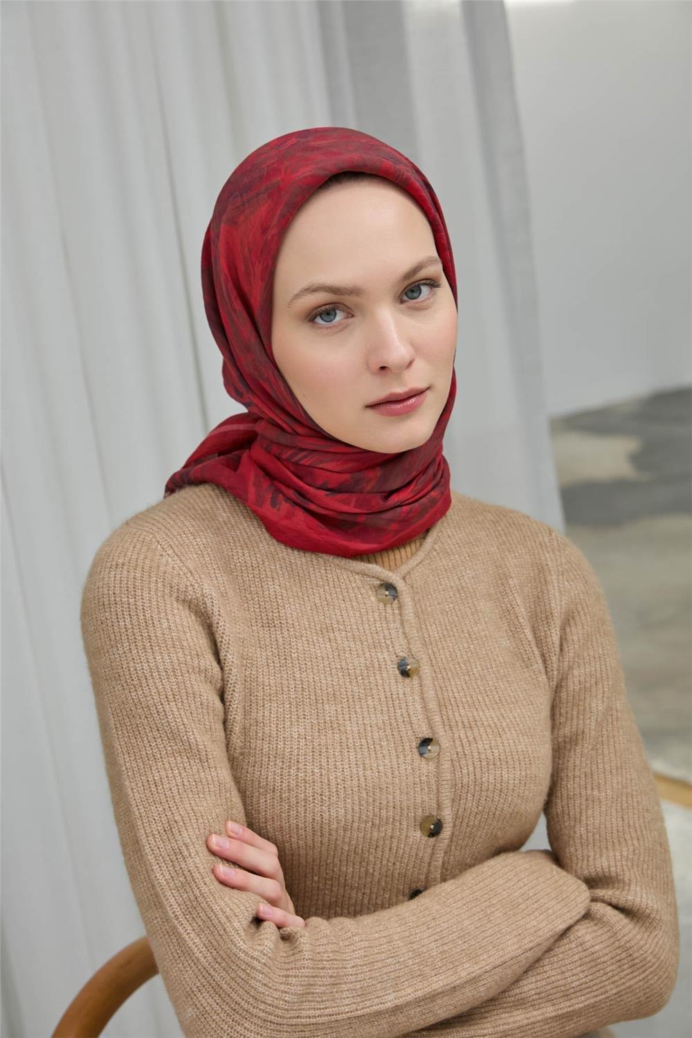 Viskon Velora Eşarp Kırmızı Bordo Desenli Yumuşak Dokulu 90x90