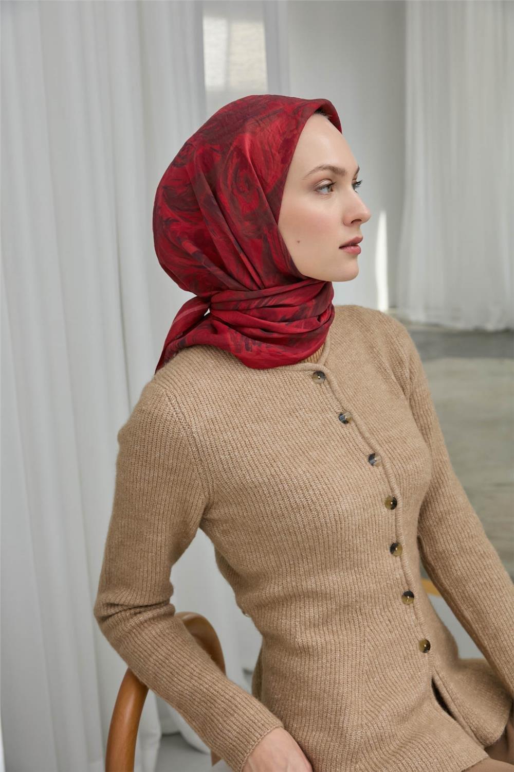 Viskon Velora Eşarp Kırmızı Bordo Desenli Yumuşak Dokulu 90x90