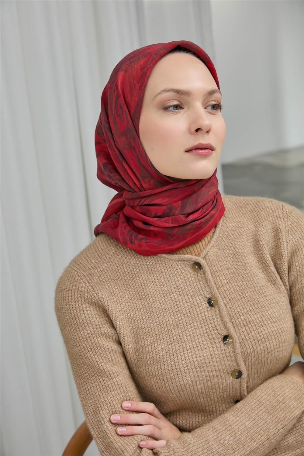 Viskon Velora Eşarp Kırmızı Bordo Desenli Yumuşak Dokulu 90x90