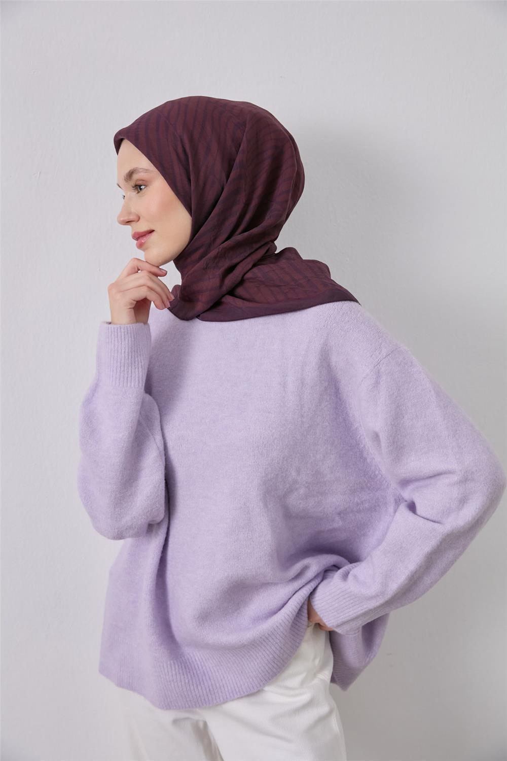 Viskon Velora Eşarp Koyu Mor Kızıl Kahve Çizgili Hafif Dökümlü 90x90