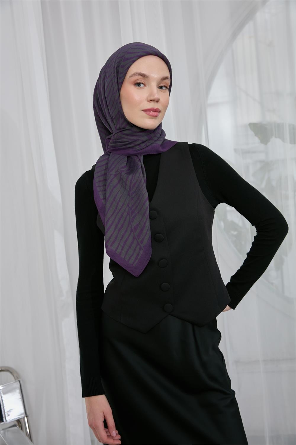 Viskon Velora Eşarp Koyu Mor Küf Yeşili Çizgili Hafif Dökümlü 90x90