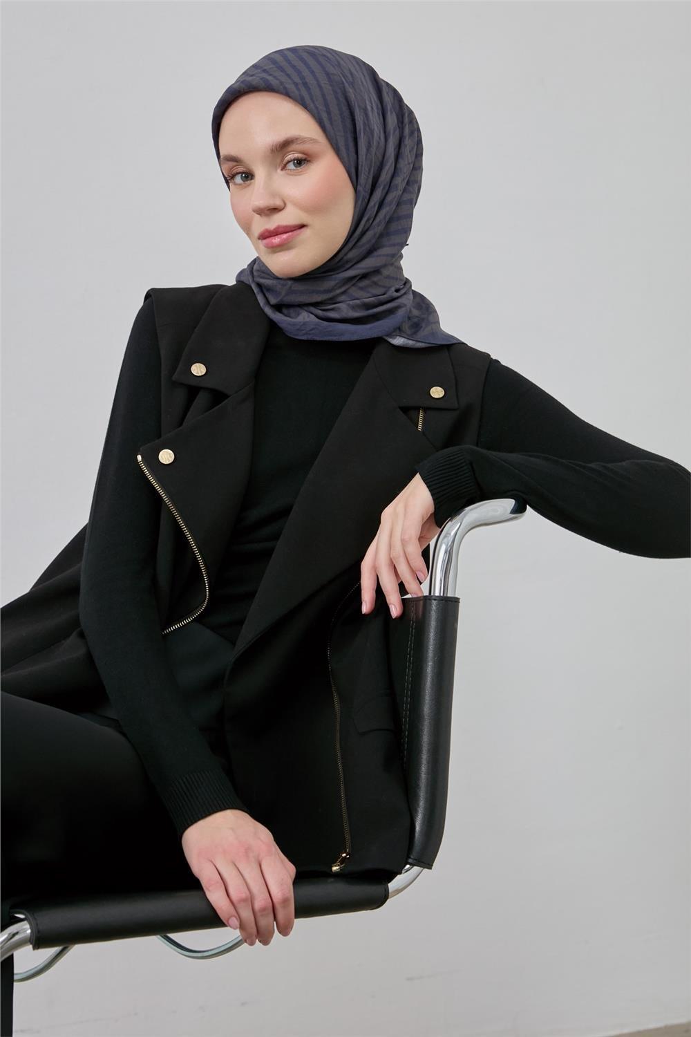 Viskon Velora Eşarp Mavi Gri Bej Gri Çizgili Hafif Dökümlü 90x90