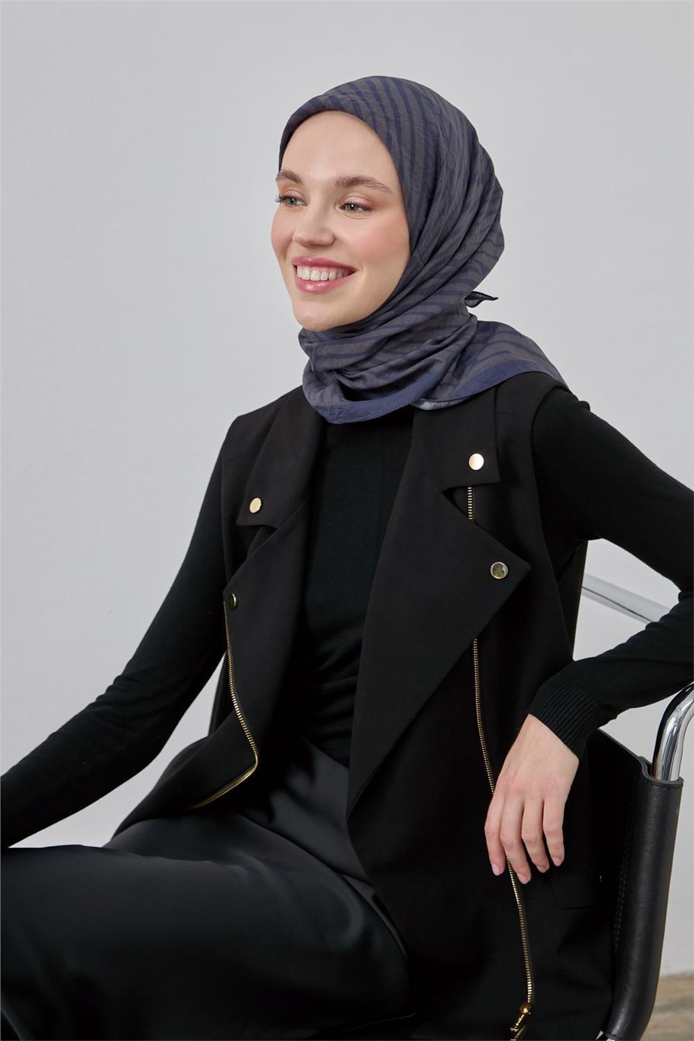 Viskon Velora Eşarp Mavi Gri Bej Gri Çizgili Hafif Dökümlü 90x90