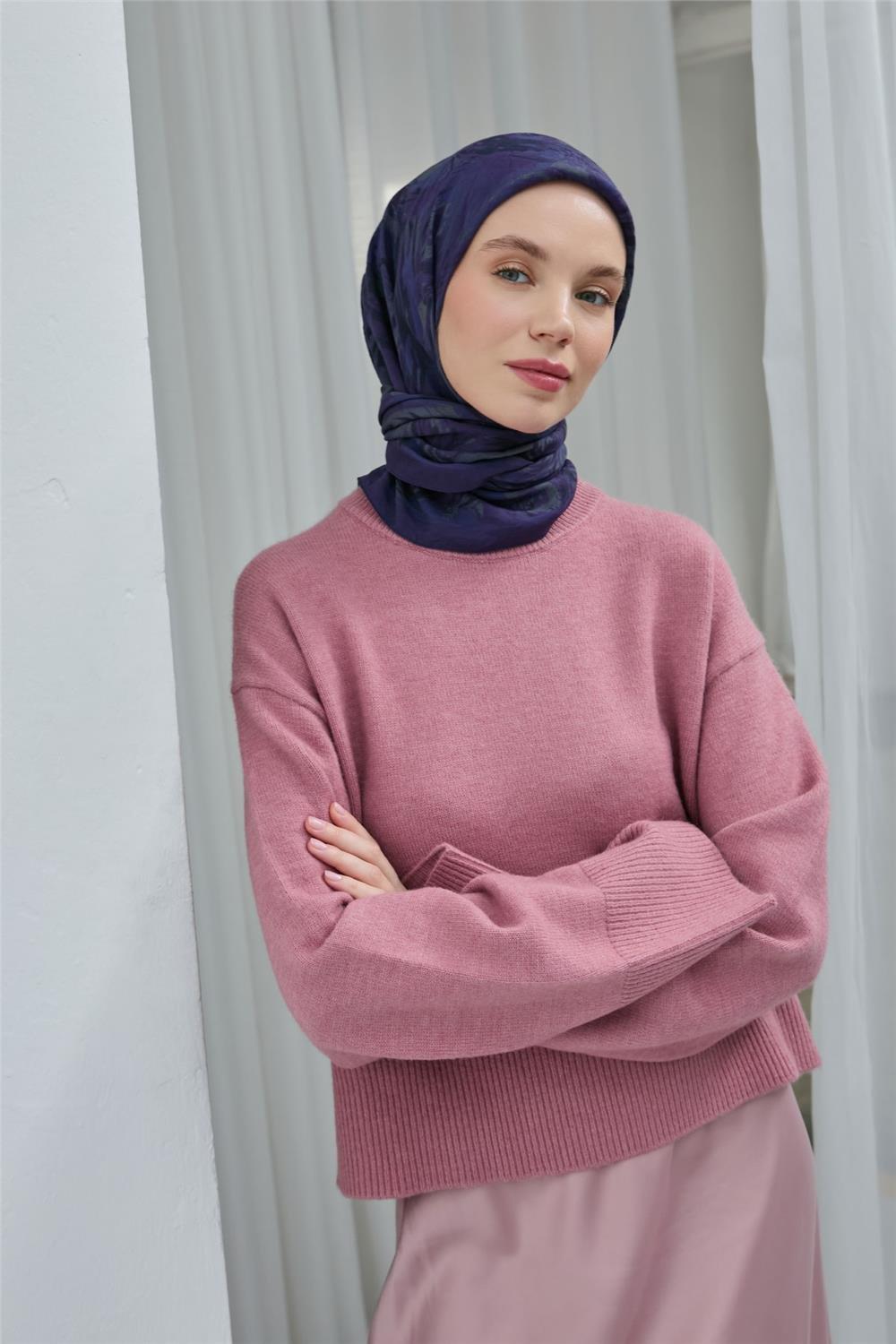 Viskon Velora Eşarp Mor Gri Desenli Yumuşak Dokulu Tok Duruşlu 90x90