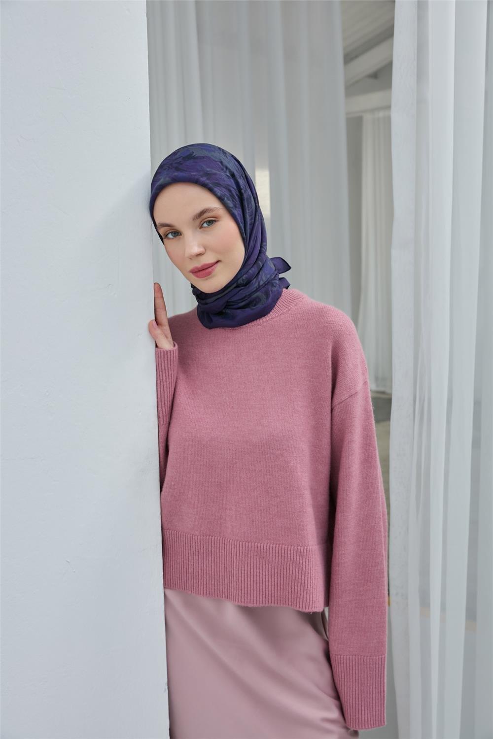 Viskon Velora Eşarp Mor Gri Desenli Yumuşak Dokulu Tok Duruşlu 90x90