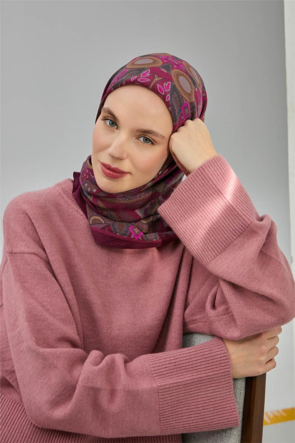 Viskon Velora Eşarp Vişne Çürüğü Desenli Tok Duruşlu Dört Mevsim 90x90