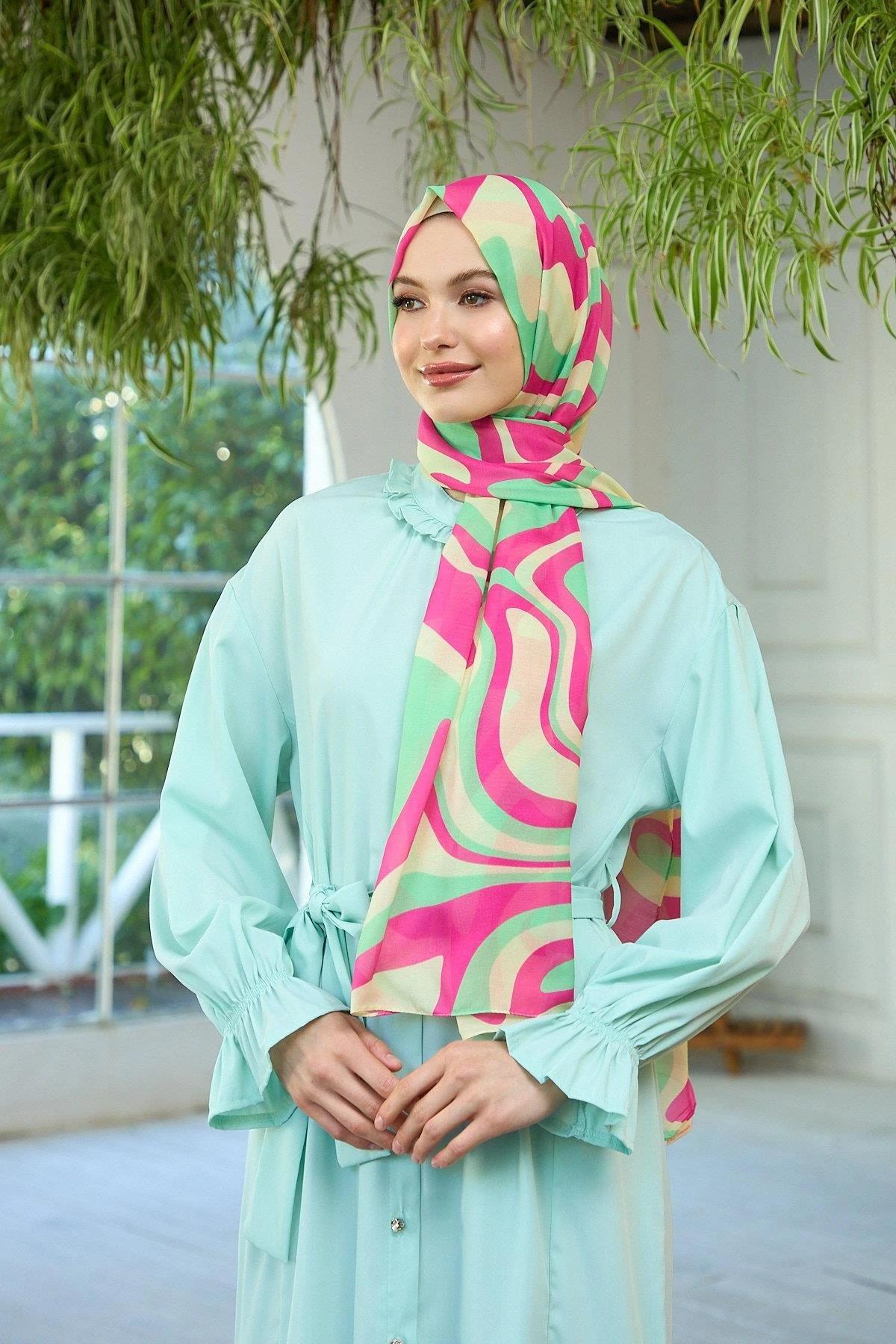 Yaz Işıltısı Koleksiyonu Soft Şal Yeşil Pembe 3044-07