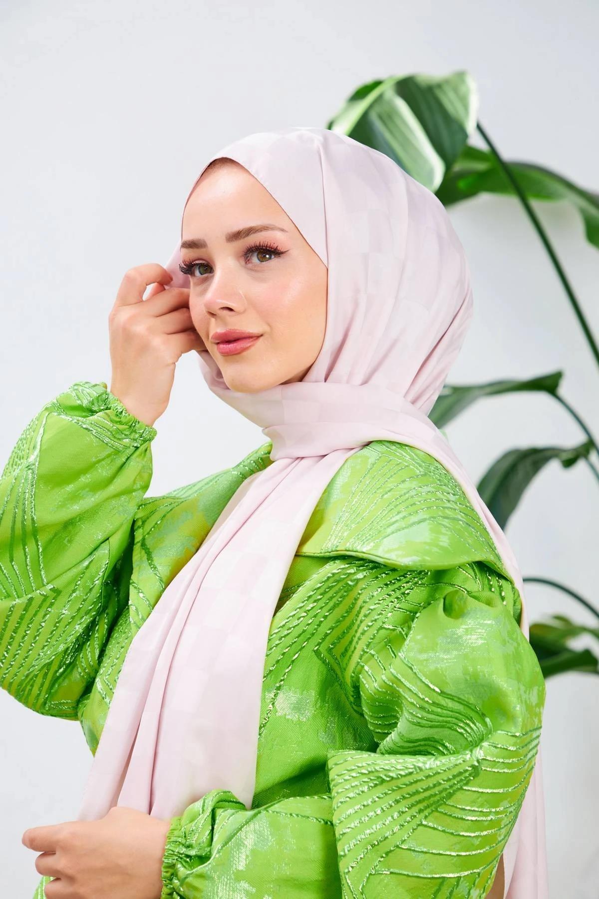 Yeni Dama Desen İpeksi Jakar Şal Pudra 9007-21