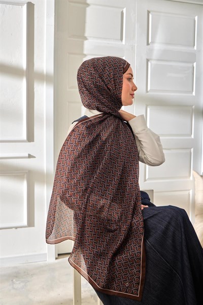 %100 Vual İpek Şal Desenli Kahverengi Tonlu 70X190