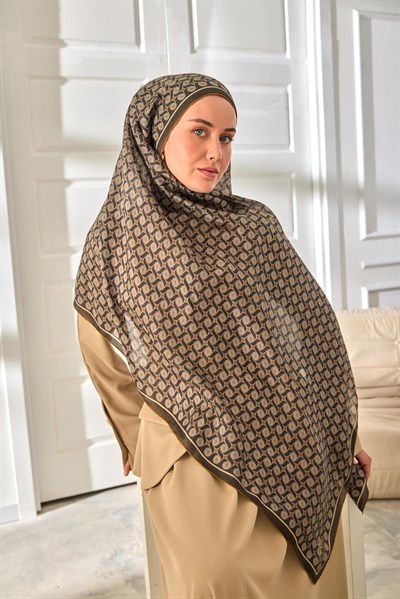 %100 Vual İpek Şal Desenli Koyu Yeşil Gold Tonlu 70X190