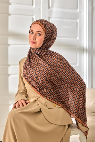 %100 Vual İpek Şal Desenli Taba Acı Kahve Tonlu 70X190