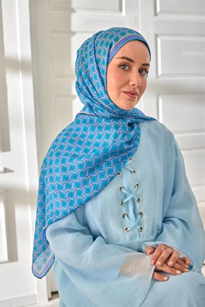 %100 Vual İpek Şal Lila Turkuaz Butter Yellow Desenli 70X190
