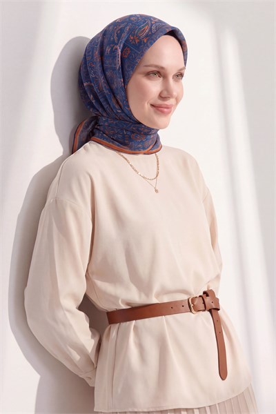 Soft Eşarp Etnik Gece Mavisi