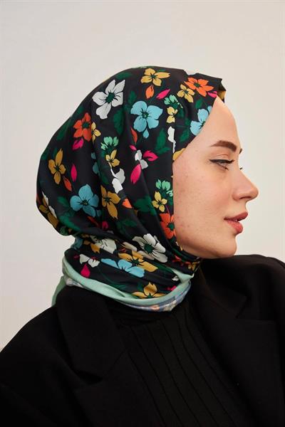 Amelia Desenli Pamuk Şal Siyah Turkuaz 3025-21