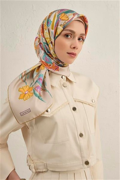 Armine Çiçek Desenli Saf İpek Twill Eşarp 9332D 07