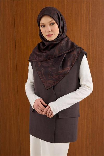 Twill İpek Büyük Boy Eşarp Kahve-Mor Vintage Çiçek Desenli Tok Duruşlu 110x110