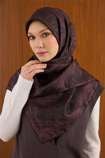 Twill İpek Büyük Boy Eşarp Kahve-Mor Vintage Çiçek Desenli Tok Duruşlu 110x110