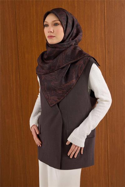 Twill İpek Büyük Boy Eşarp Kahve-Mor Vintage Çiçek Desenli Tok Duruşlu 110x110