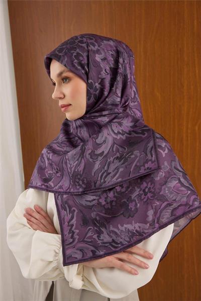 Twill İpek Büyük Boy Eşarp Mürdüm Vintage Çiçek Desenli Tok Duruşlu 110x110