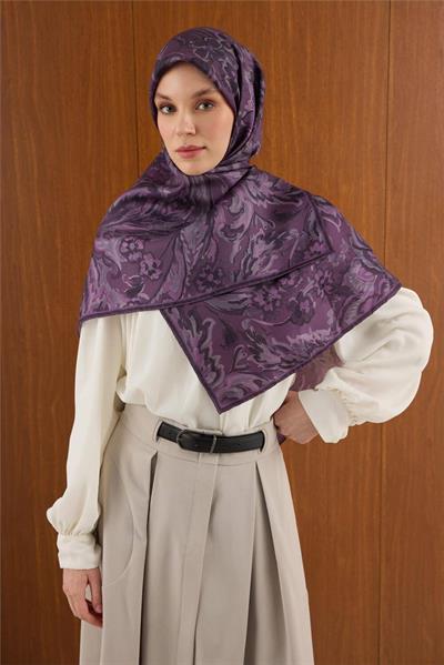 Twill İpek Büyük Boy Eşarp Mürdüm Vintage Çiçek Desenli Tok Duruşlu 110x110