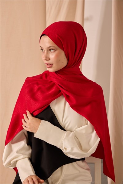 Deluxe Şal Kırmızı Jakarlı Tok Duruşlu Viskon Karışımlı 75X190