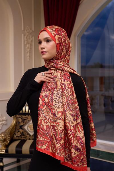 Desenli Vual Şal Altın Turuncu Vual İpek Şal -  9803-01