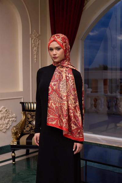 Desenli Vual Şal Altın Turuncu Vual İpek Şal - 9803-01