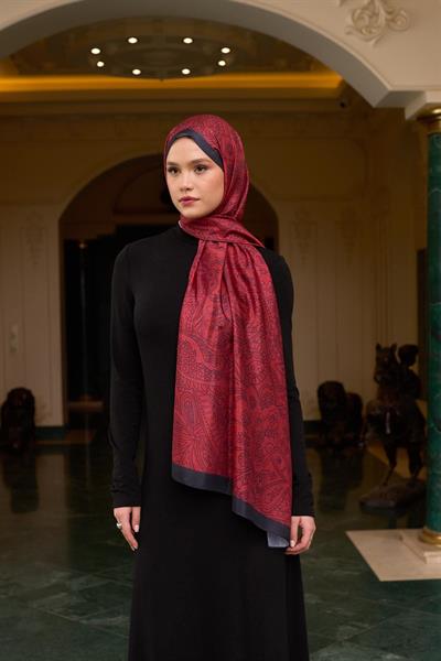 Desenli Vual Şal Bordo Vual İpek Şal -  9803-06