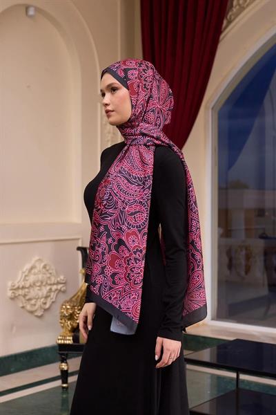 Desenli Vual Şal Fuşya Siyah Vual İpek Şal - 9803-08