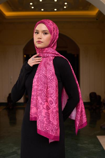 Desenli Vual Şal Fuşya Vual İpek Şal -  9803-07