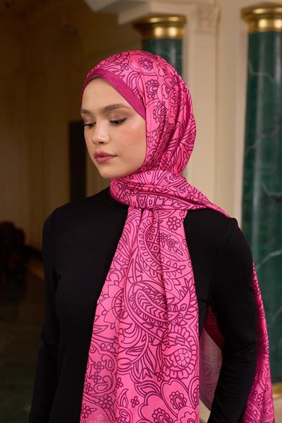 Desenli Vual Şal Fuşya Vual İpek Şal -  9803-07