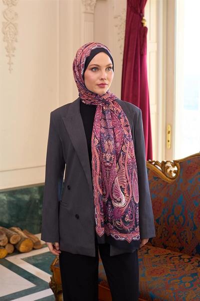 Desenli Vual Şal Fuşya Vual İpek Şal - 9804-04