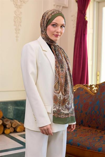 Desenli Vual Şal Haki Vual İpek Şal - 9804-05