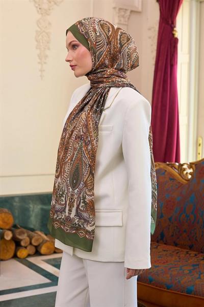 Desenli Vual Şal Haki Vual İpek Şal - 9804-05