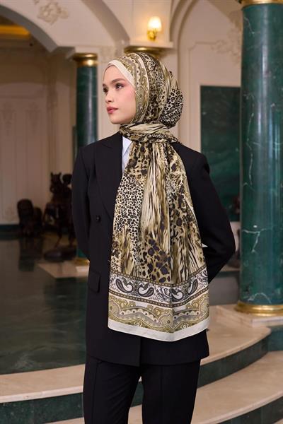 Desenli Vual Şal Krem Gold Vual İpek Şal - 9802-10