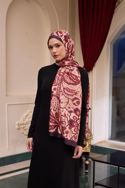 Desenli Vual Şal Krem Kırmızı Vual İpek Şal - 9803-10