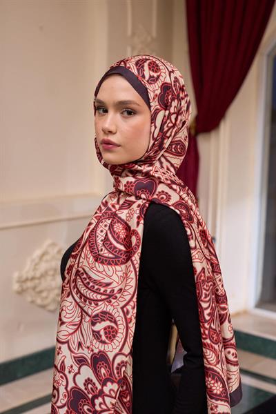 Desenli Vual Şal Krem Kırmızı Vual İpek Şal -  9803-10