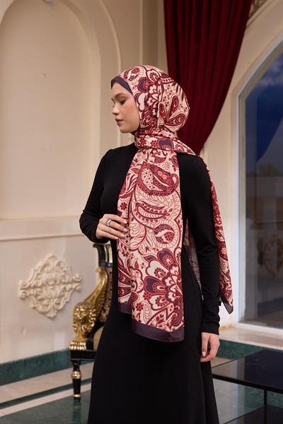 Desenli Vual Şal Krem Kırmızı Vual İpek Şal -  9803-10