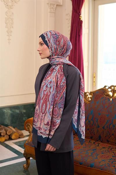 Desenli Vual Şal Lacivert Somon Vual İpek Şal - 9804-11