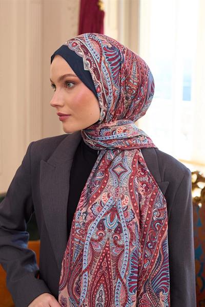 Desenli Vual Şal Lacivert Somon Vual İpek Şal - 9804-11