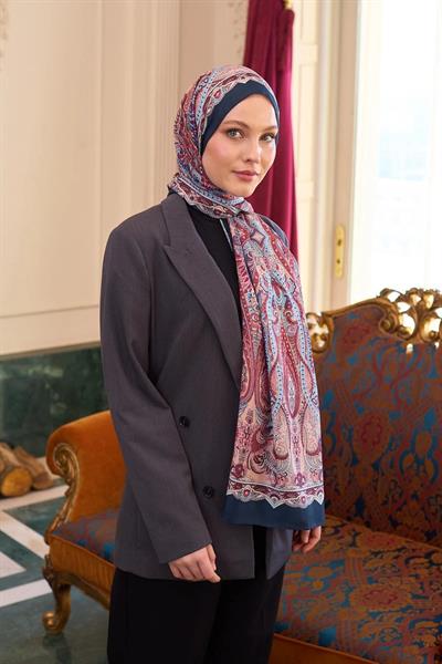 Desenli Vual Şal Lacivert Somon Vual İpek Şal - 9804-11