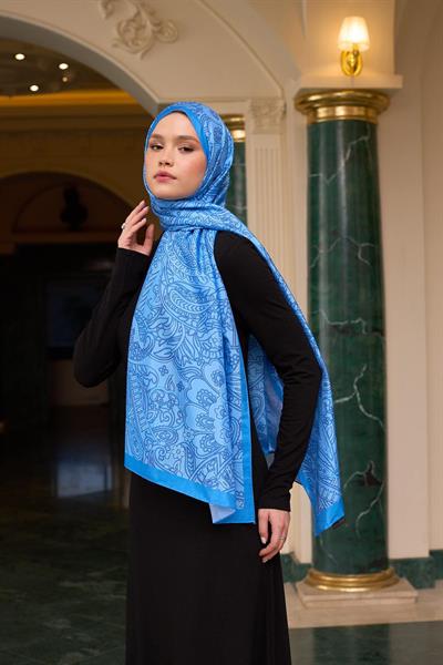 Desenli Vual Şal Mavi Vual İpek Şal -  9803-15