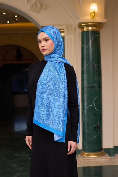 Desenli Vual Şal Mavi Vual İpek Şal -  9803-15