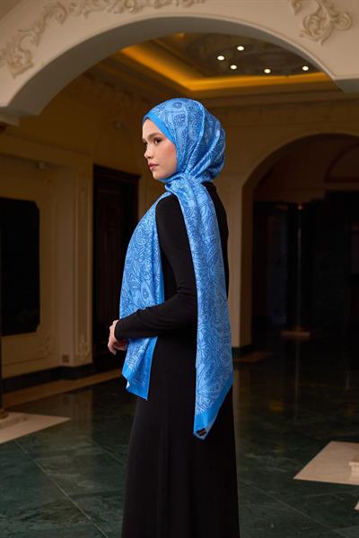 Desenli Vual Şal Mavi Vual İpek Şal -  9803-15