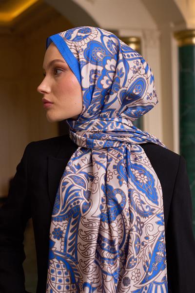 Desenli Vual Şal Saks Beyaz Vual İpek Şal -  9803-23